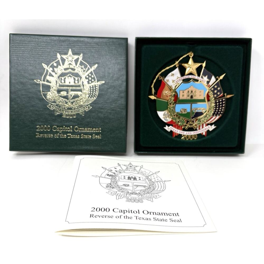 2000 Texas Capitol Ornament Reverse of State Seal w Box and Pamphlet Christmas